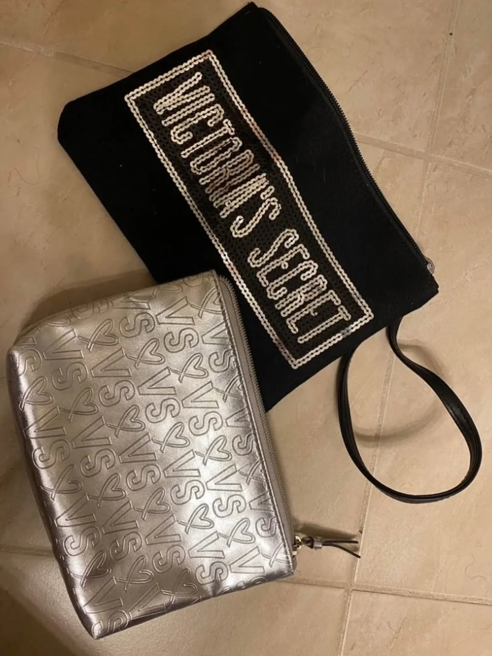 Victoria's Secret Black Wristlet with Silver Embossed Cosmetic Pouch
